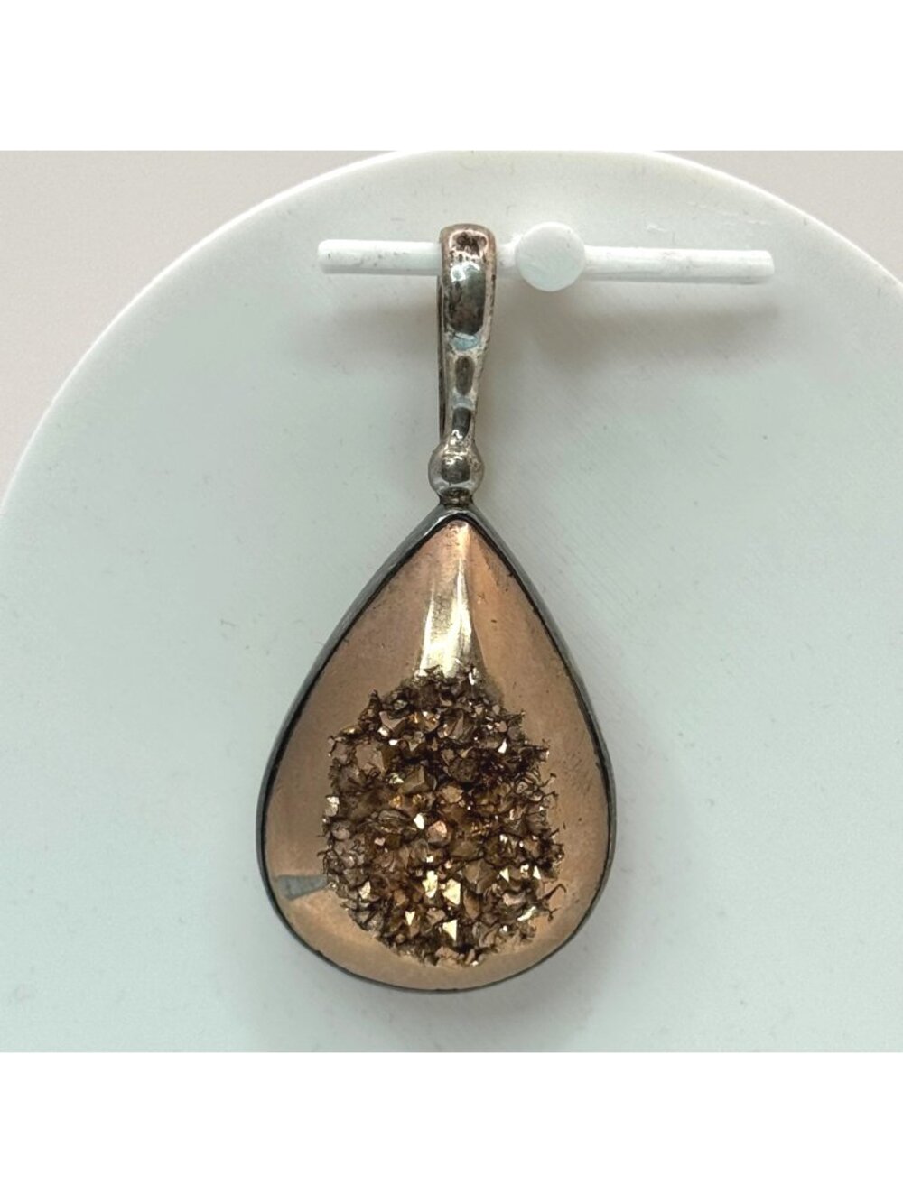 Sterling Gold Druzy Silver Teardrop Pendant Gemstone Inlay 925 Stamped 2"
